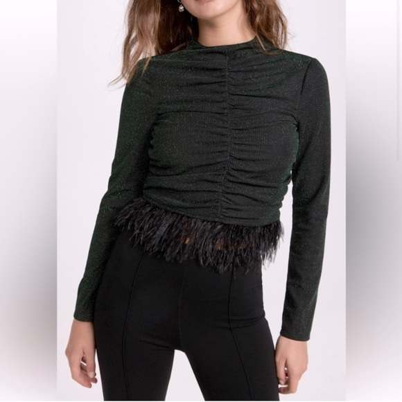 NWT Saylor green black feather sparkle long sleeve top - Picture 1 of 5